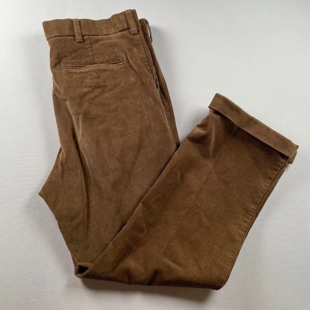 Roundtree & Yorke Mens Brown Pleated Corduroy Pants Cuffed Stretch 36x30